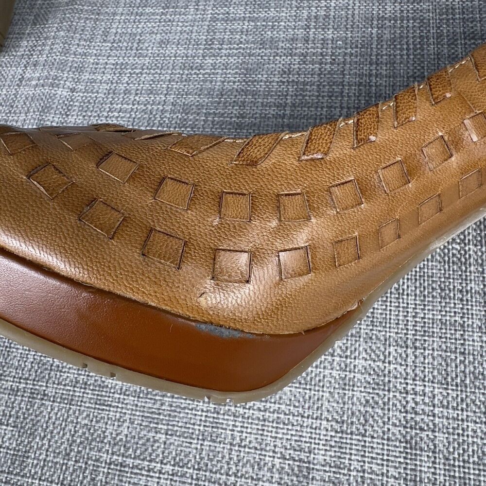 Andrew Geller Sz 7 Whisky Brown Woven Leather Platform Pumps Wood Stiletto Heels - Picture 10 of 10
